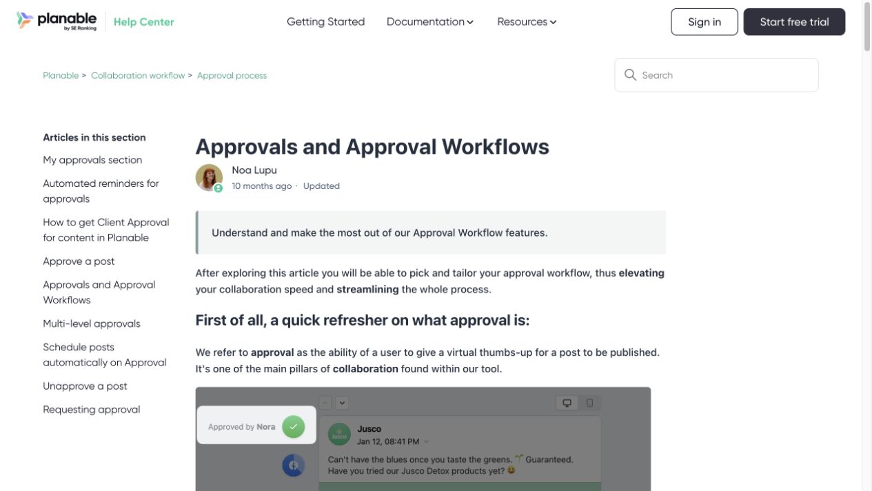 Planable Help Center article about approvals and approval workflows, captured July 11, 2026